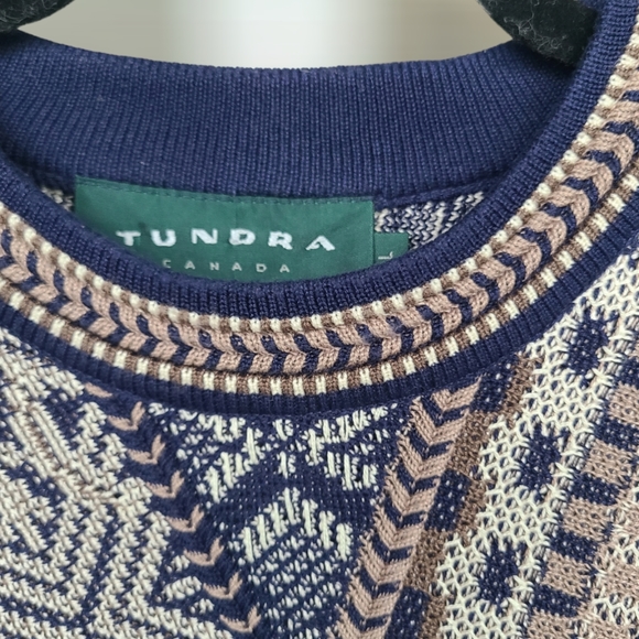 Vintage 90's Tundra Canada Knit Abstract 3D Net Hip Hop Coogi Style Sweater - Picture 3 of 6